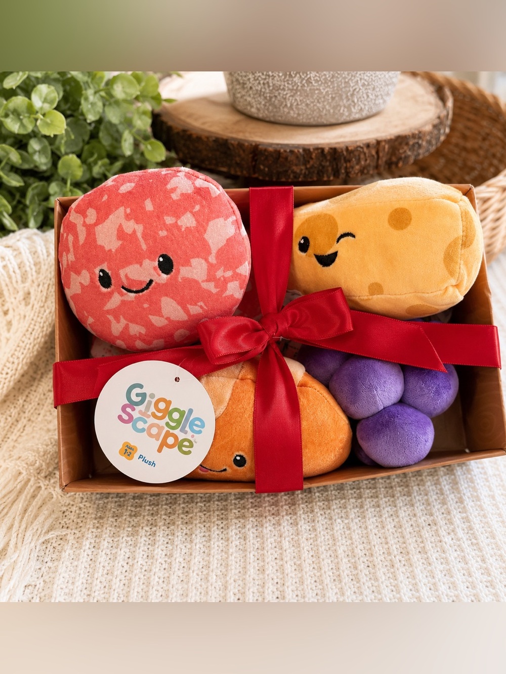 GiggleScape Charcuterie Box Set Swiss Cheese, Salami, Grapes, Bread 7-Inch Plush